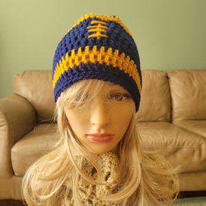Handmade Crochet Adult Blue/Gold Football Beanie